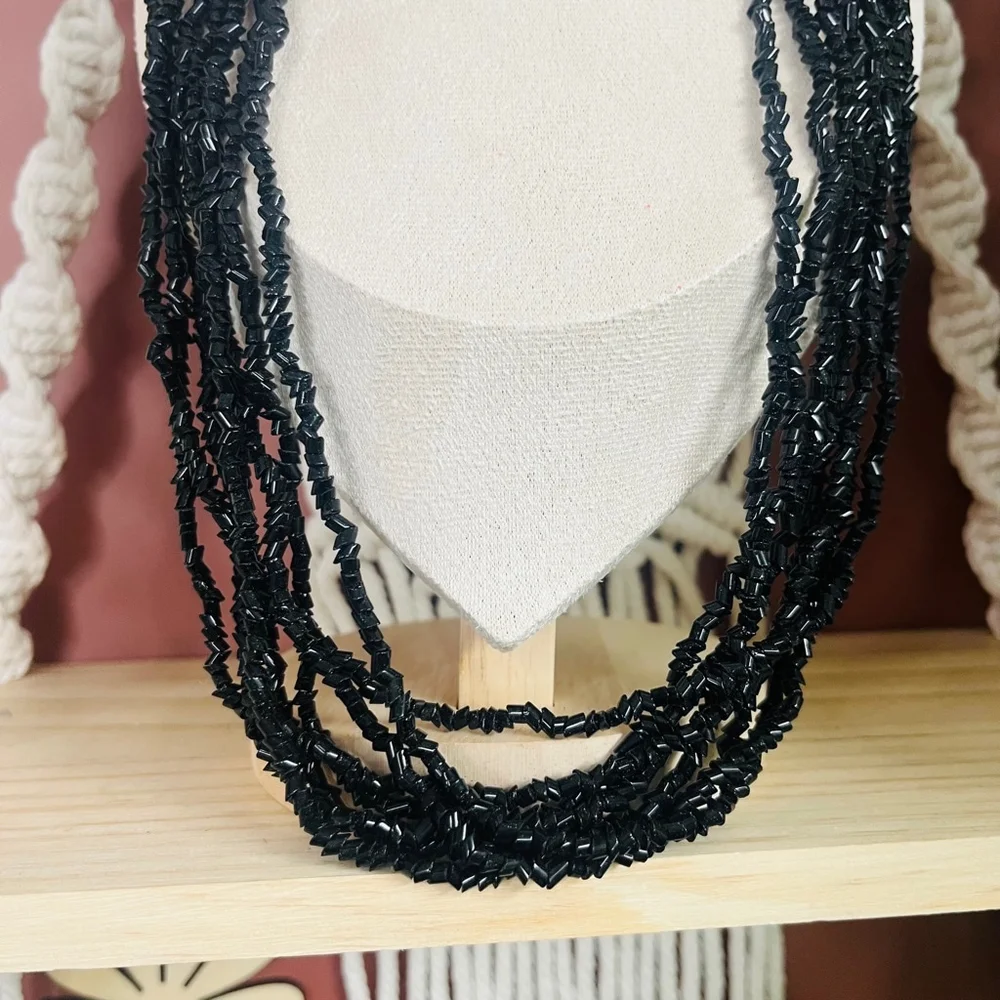 Vintage Multi-Layered Glass Beaded Necklace | Black Statement‎ Jewelry | Gothic